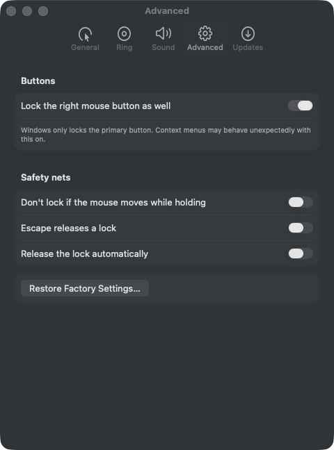 The Advanced tab of ClickLatch’s settings: the right mouse button switch, three safety nets, and Restore Factory Settings.