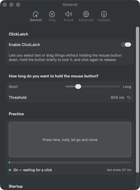 The General tab of ClickLatch’s settings: a switch to enable it, a Short to Long slider with the threshold in milliseconds, and a practice pad.