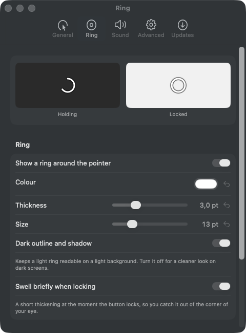 The Ring tab of ClickLatch’s settings: a live preview showing the ring holding and locked, above controls for colour, thickness and size.